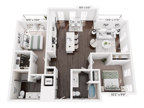 Floor plan for 2 beds, 2 baths, 1142 sqft